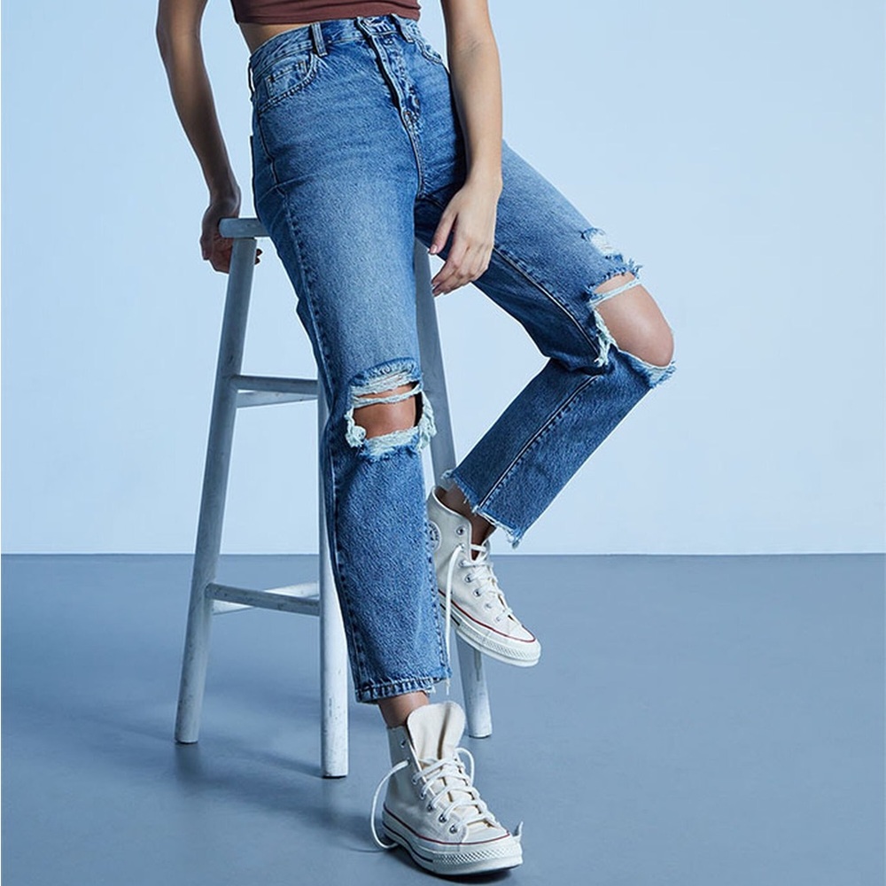 PacSun Eco Medium Blue Distressed High Waisted Straight Leg Jeans- Size 26